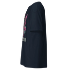 Navy blue cotton unisex classic hoodie with pink and white winged woman graphic on back