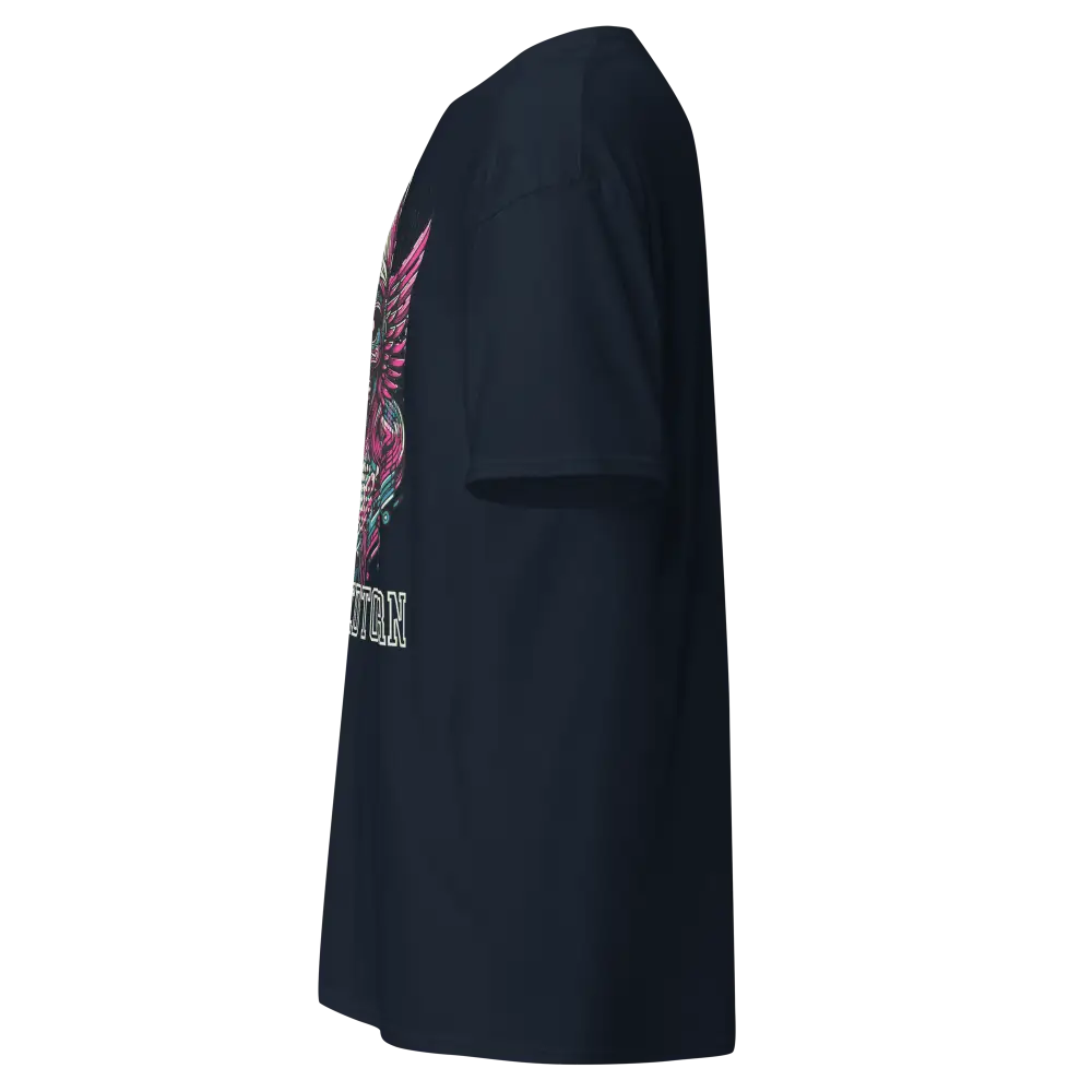 Navy blue cotton unisex classic hoodie with pink and white winged woman graphic on back