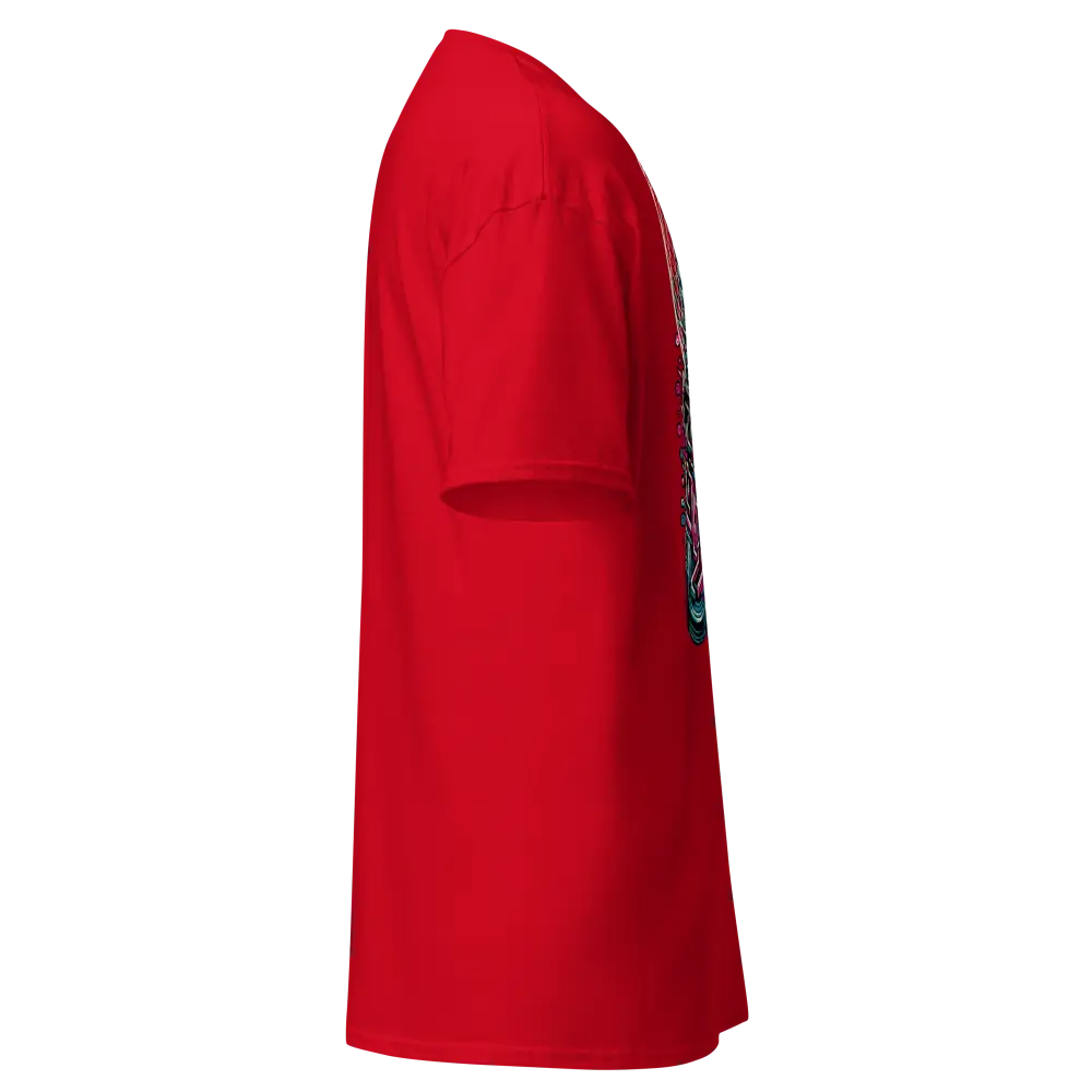 Red polo shirt with white stripes on sleeve, cotton unisex classic tee