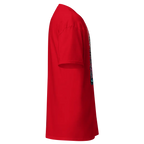 Red polo shirt with white stripes on sleeve, cotton unisex classic tee