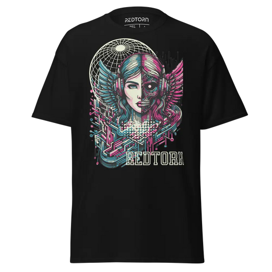 Black cotton unisex classic tee with winged woman graphic