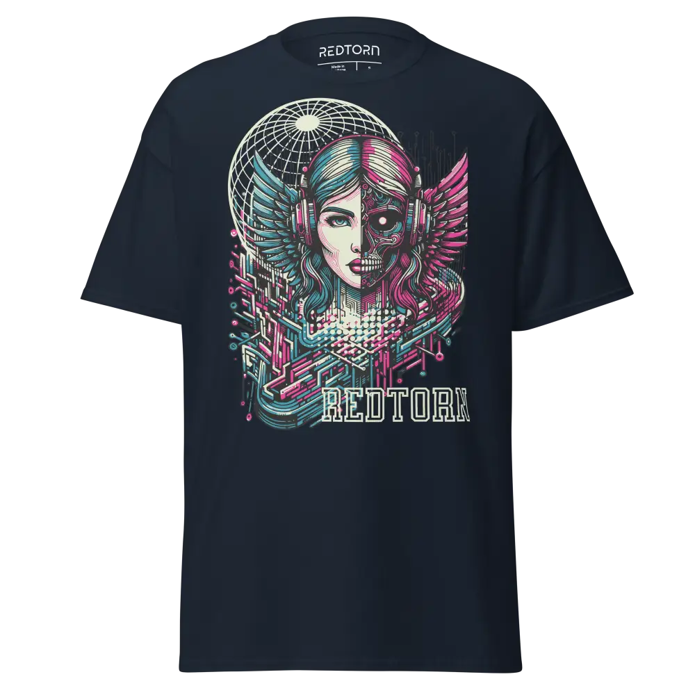 Navy blue cotton unisex classic tee with winged woman graphic and headphones