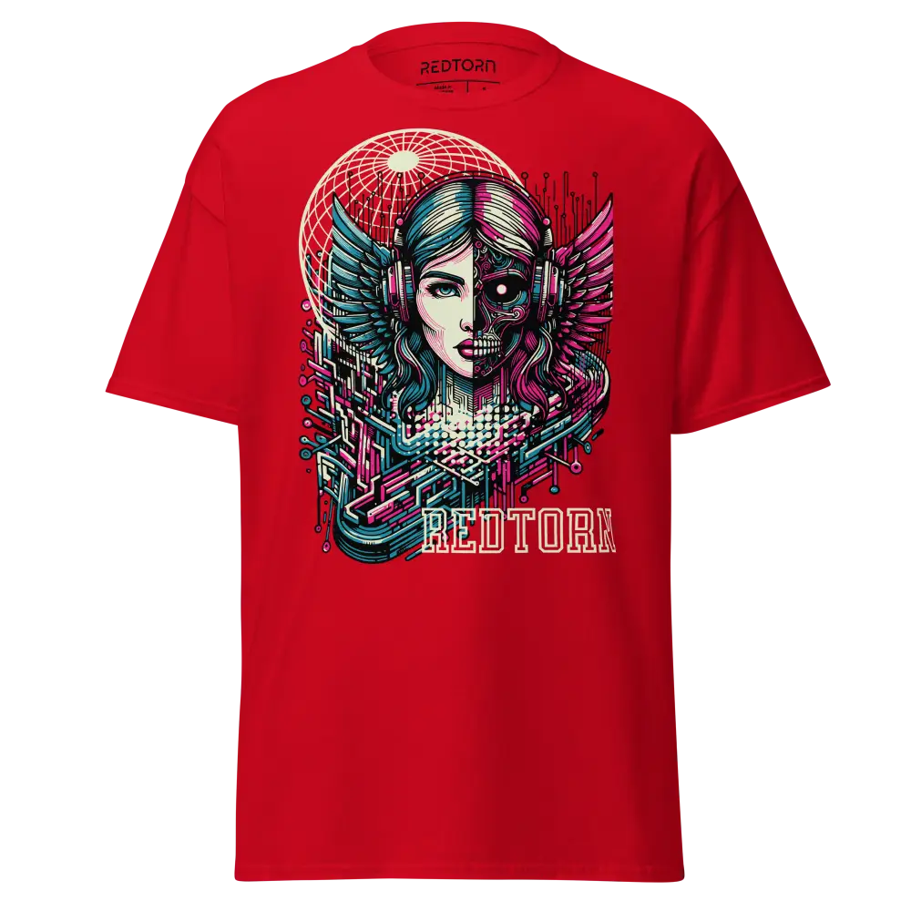 Red t-shirt with winged woman in headphones and redtor text, cotton unisex classic tee