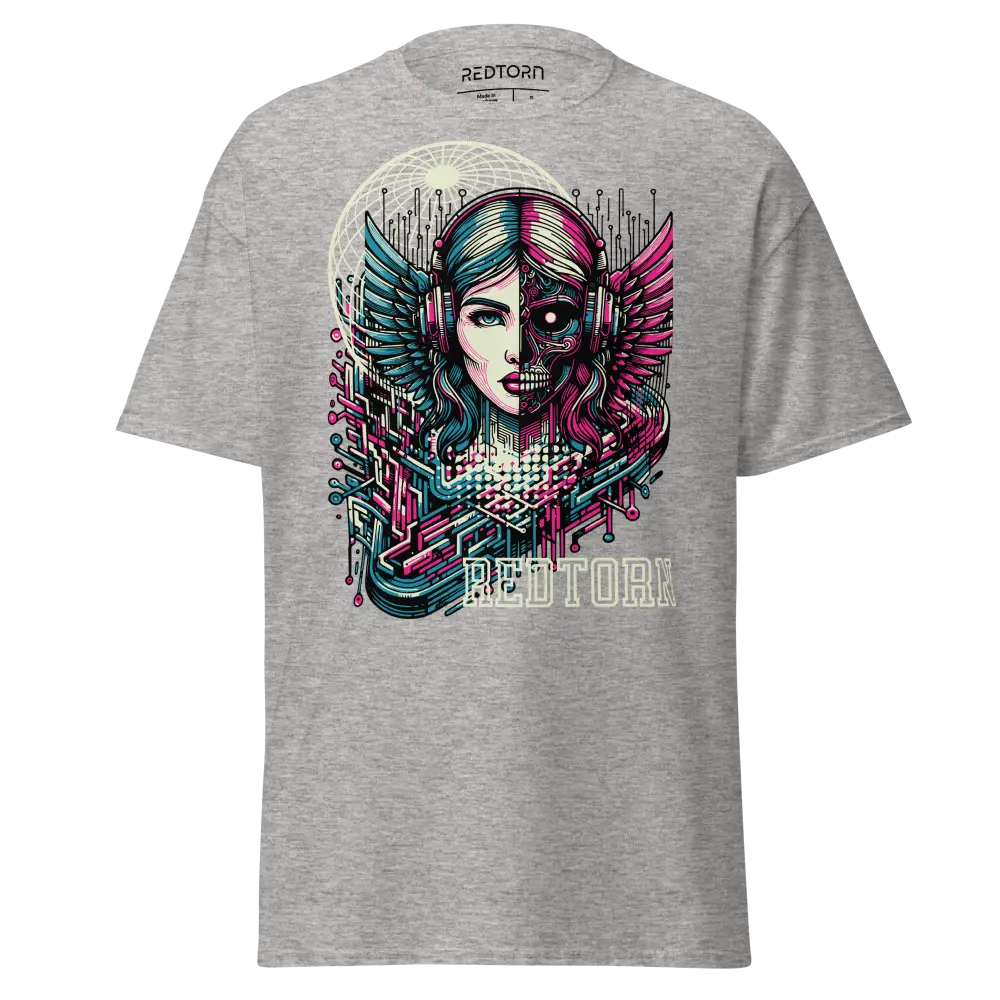 Heather gray Winged Woman cotton unisex classic tee with wings and headphones graphic