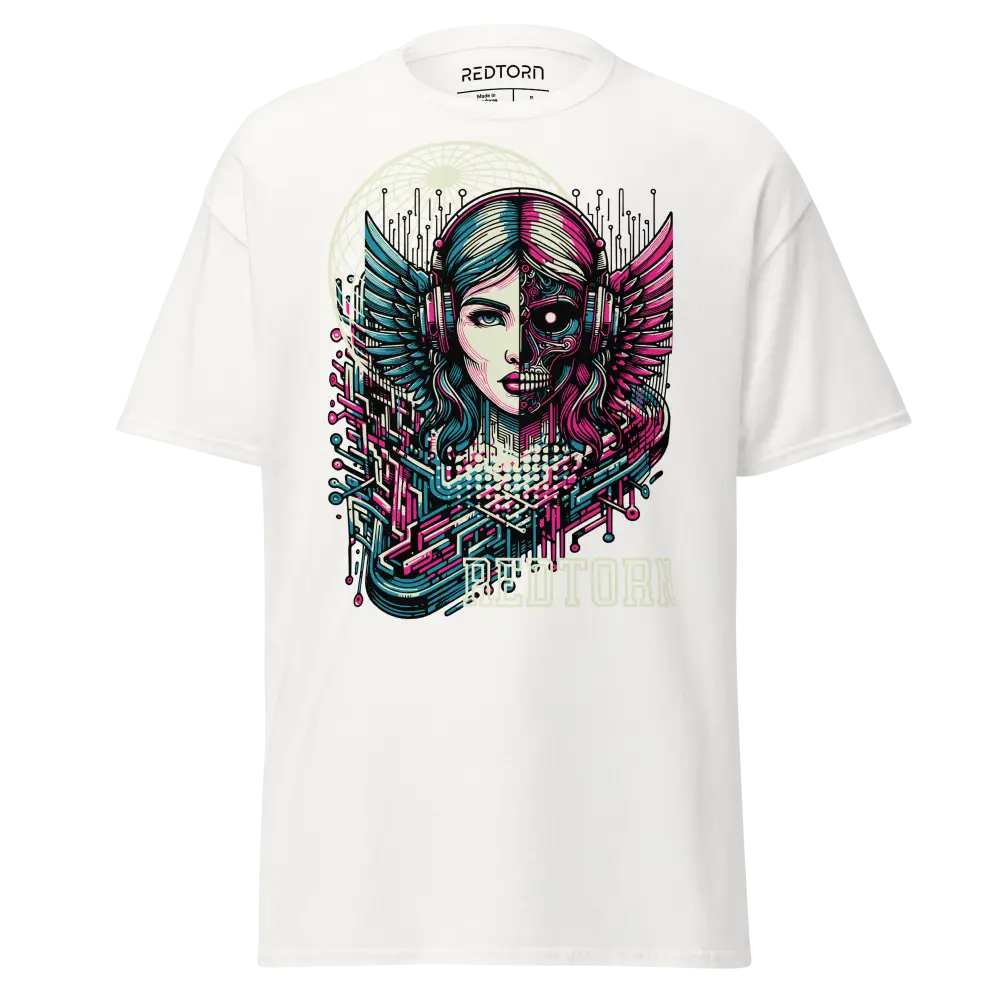 White cotton unisex classic tee with colorful angel design and headphones