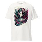White cotton unisex classic tee with colorful angel design and headphones