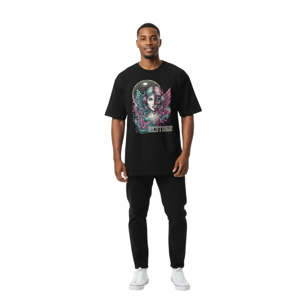 Black oversized cotton unisex classic tee with reborn winged graphic