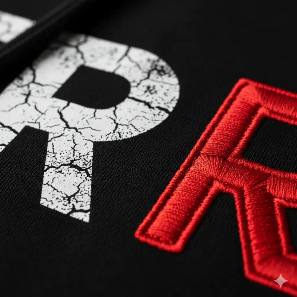 Black baseball cap with red embroidered logo and white cracked texture design on front.
