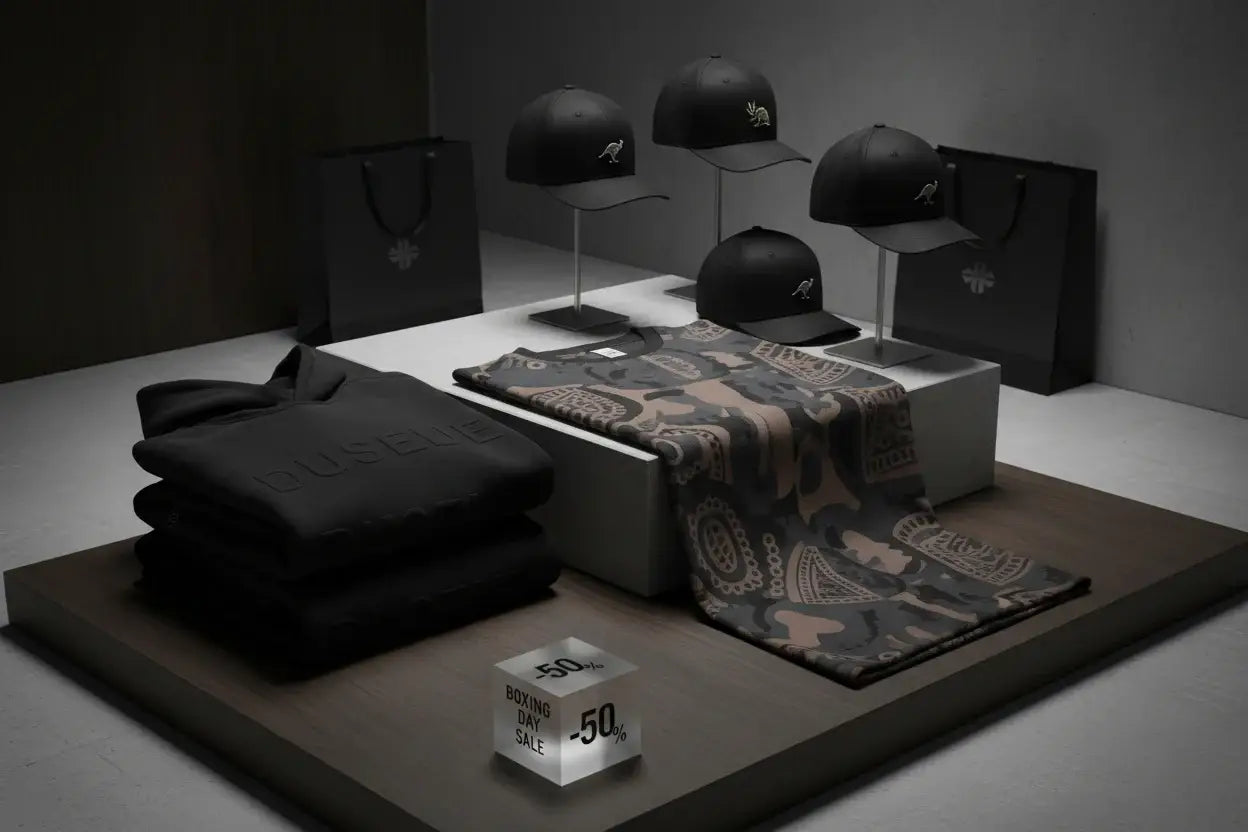 Black baseball caps with embroidered logos in Redtorn Boxing Day sale