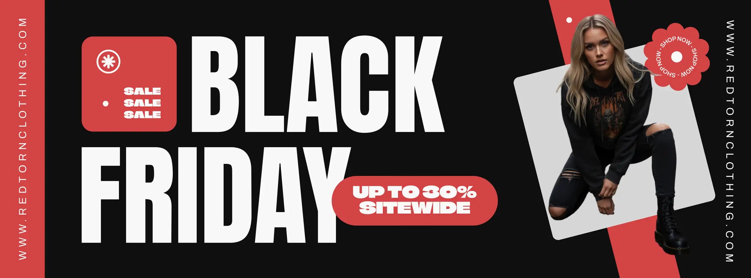 Black friday sale banner with model wearing all-black outfit and red accents.