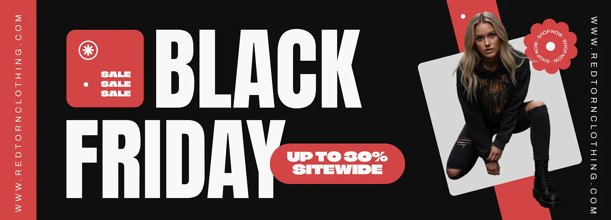 Black friday sale banner with model wearing casual outfit and red floral design on edges