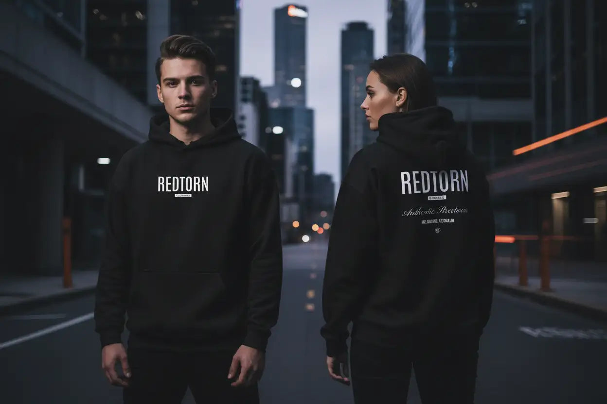 Hero banner with two models wearing Redtorn hoodies