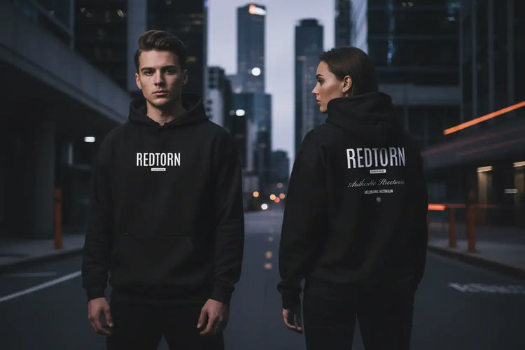 Hero banner with two models wearing Redtorn hoodies