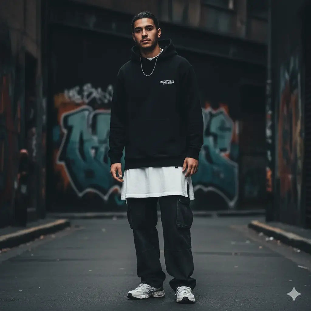 Black hooded sweatshirt with white embroidered logo for authentic street style