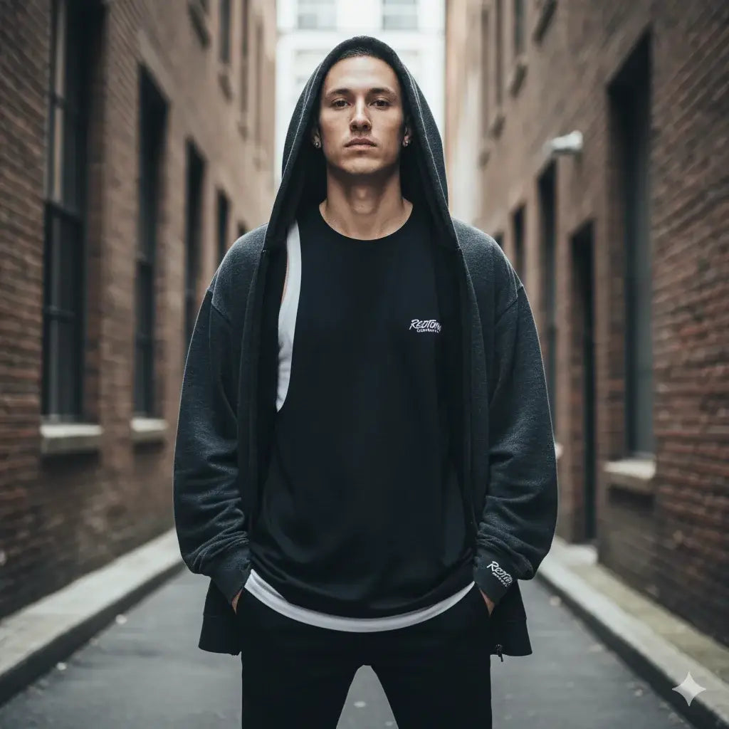 Redtorn Clothing black hooded sweatshirt with white trim and subtle branding.