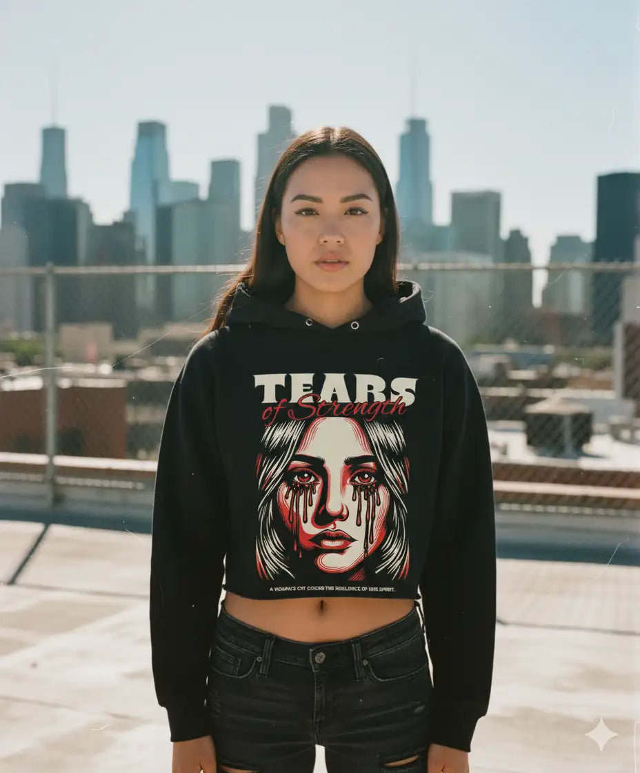 Black hoodie with graphic design of a woman’s face and the word ’tears’ in white.