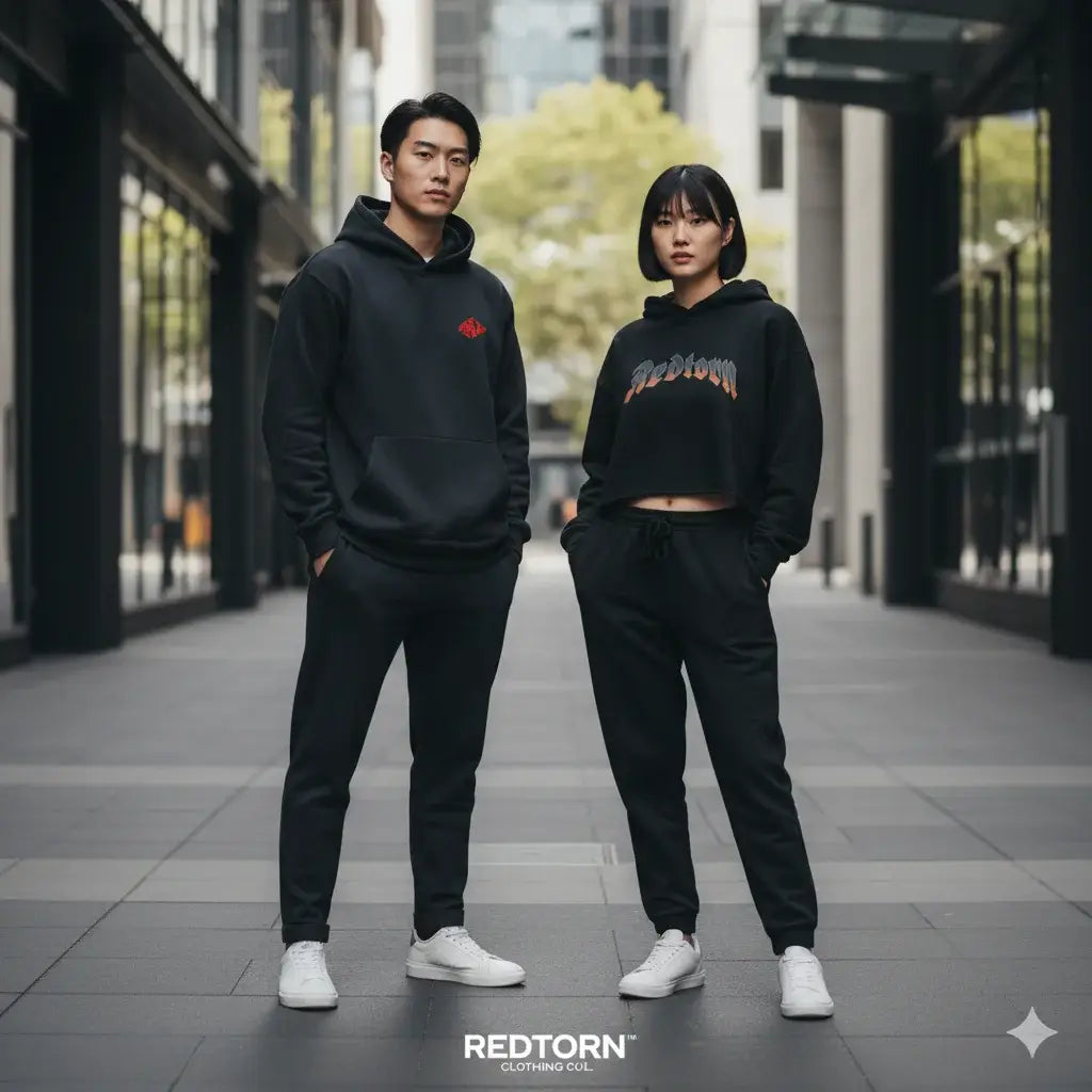 Redtorn Clothing black hoodie with red logo, cropped design, and matching sweatpants