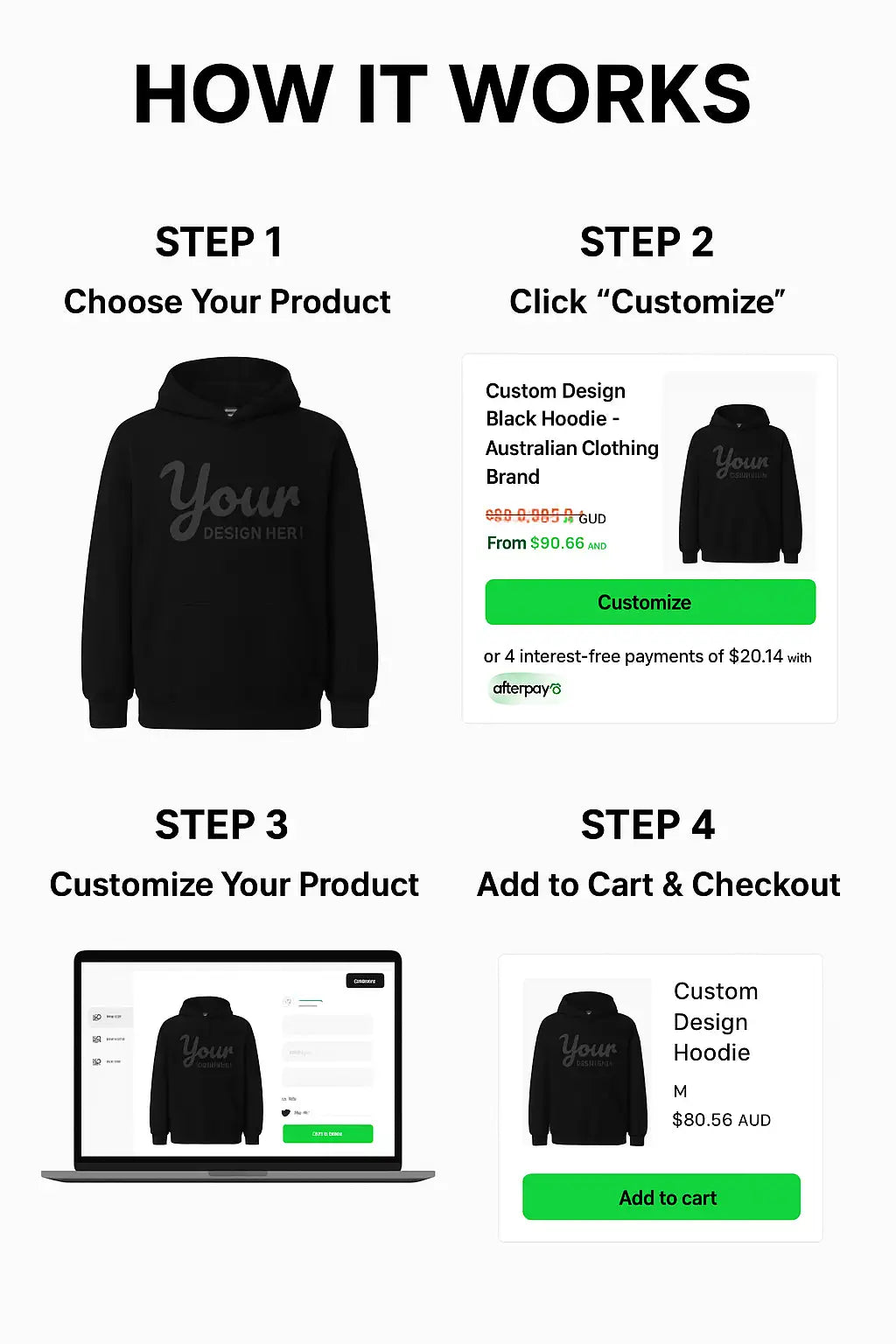Black hoodie with ’your’ text design, australian clothing brand logo.
