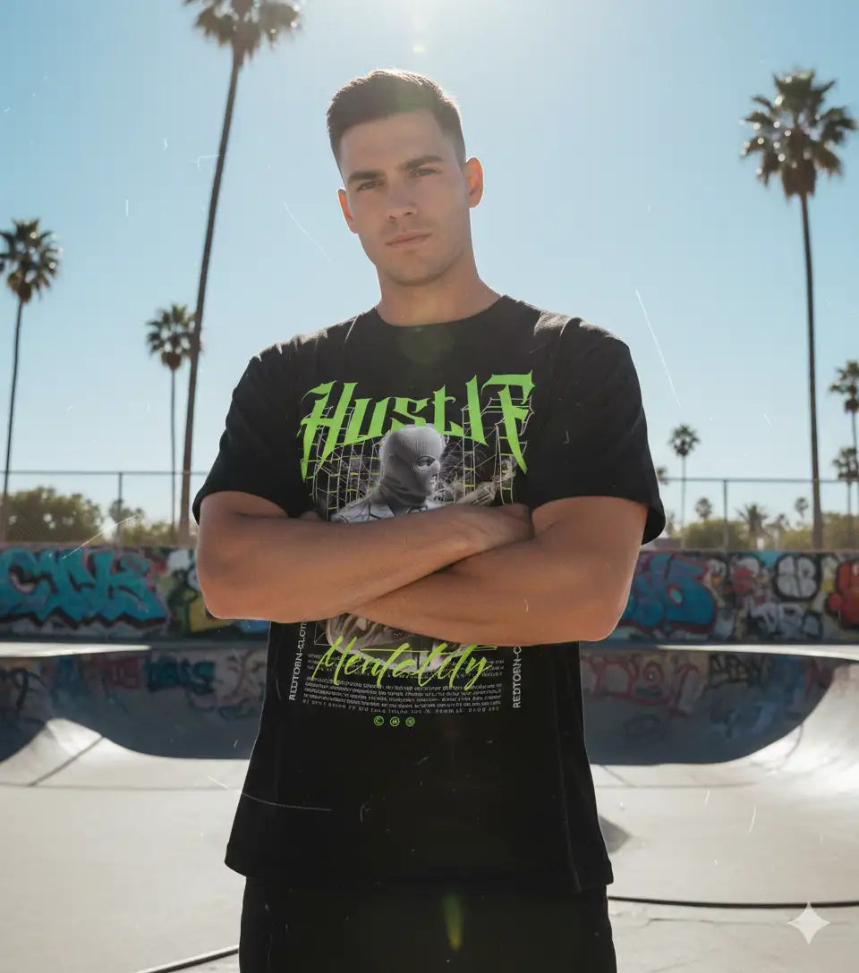 Black ’hustle’ graphic tee with skull design and neon green text.