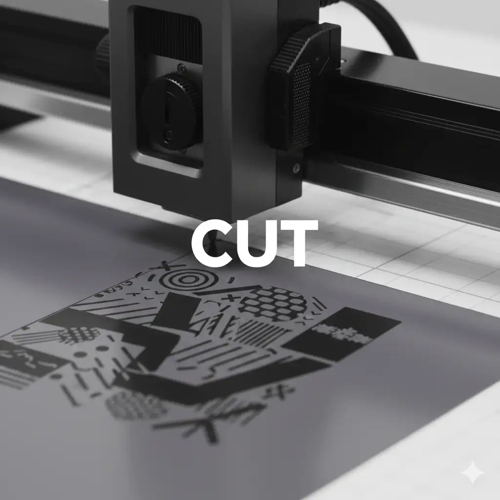Black laser cutter machine with intricate geometric patterns on the cutting surface.