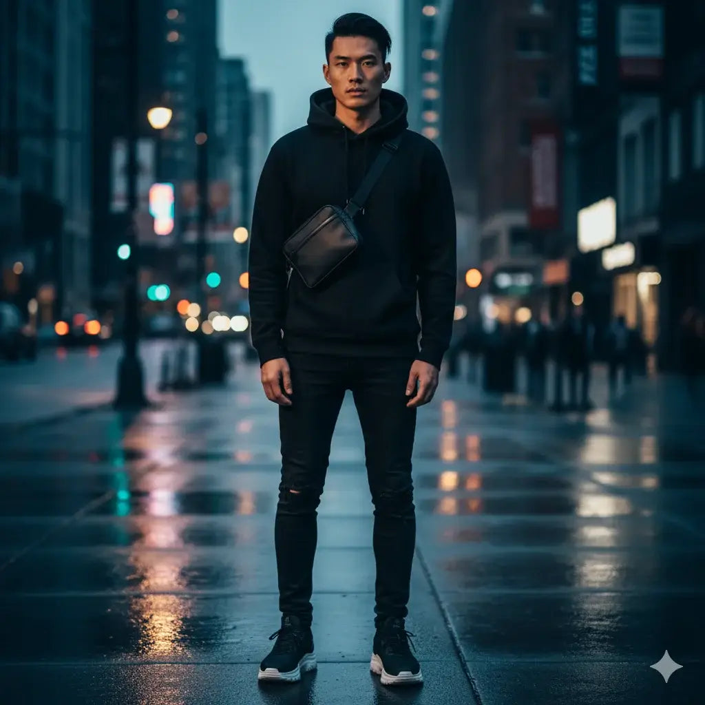 Black leather crossbody bag from Australian clothing brand for women’s apparel