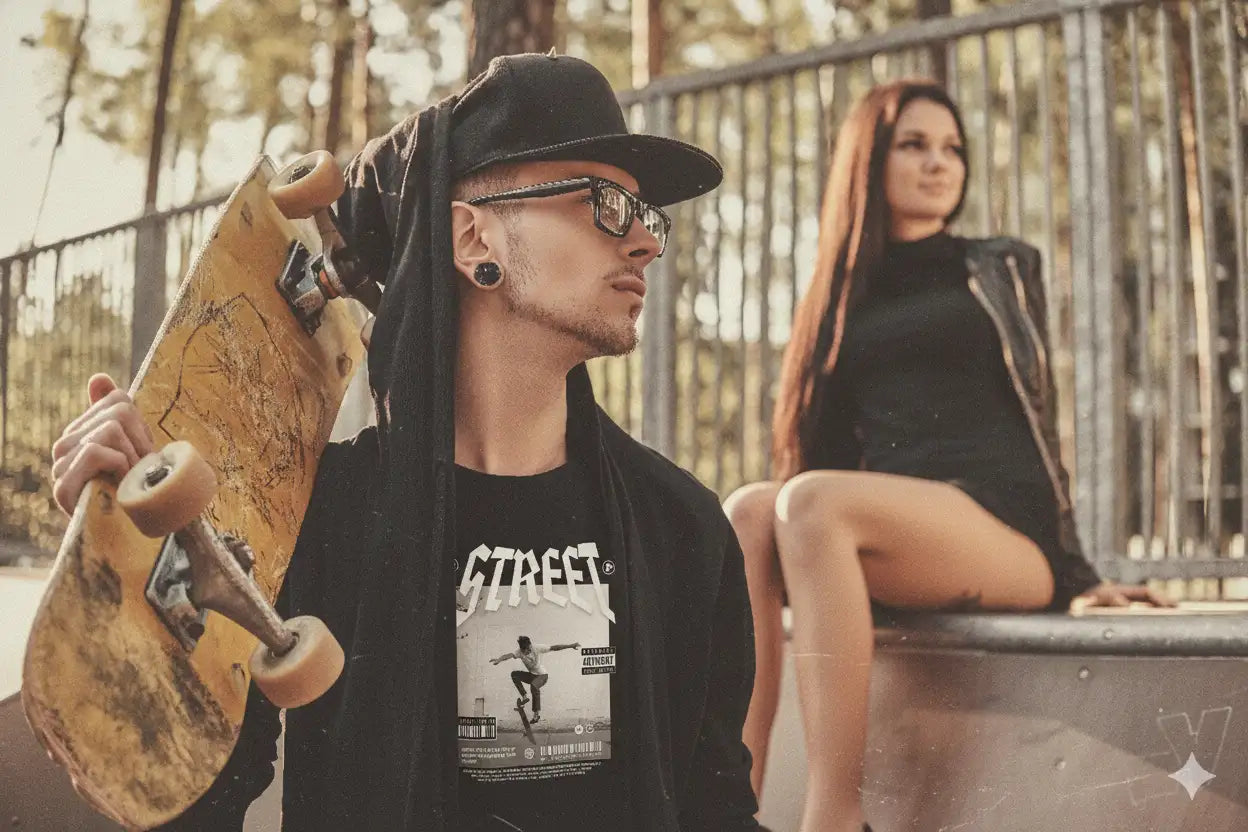 Black leather jacket with hood and graphic t-shirt underneath.