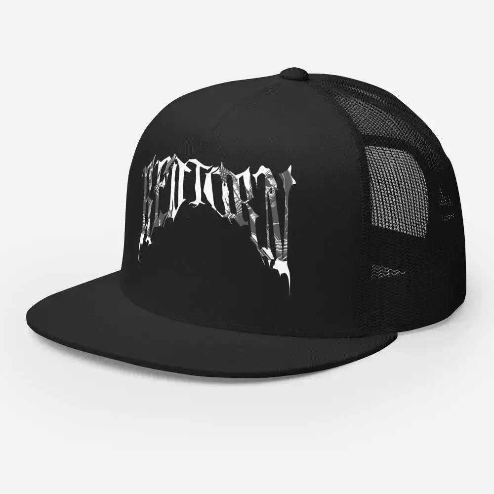 Black mesh trucker hat with silver gothic font design