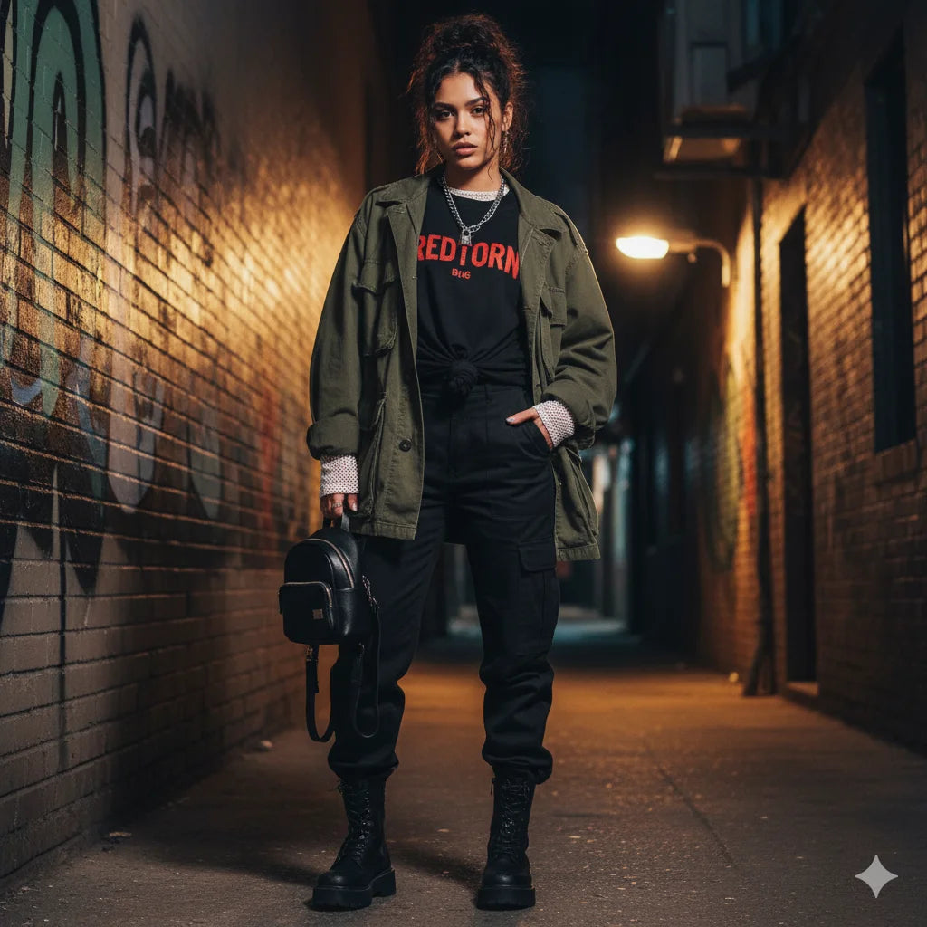 Black mini backpack with front zipper for oversized big tee street wear style