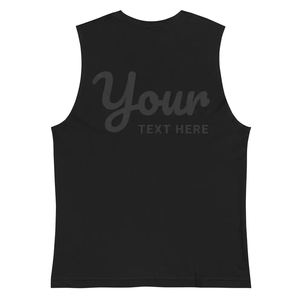 Black relaxed fit muscle tank with custom text and low-cut armholes
