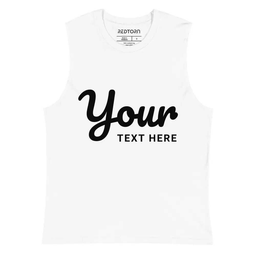 Black muscle tank with custom text, relaxed fit, low-cut armholes, unisex