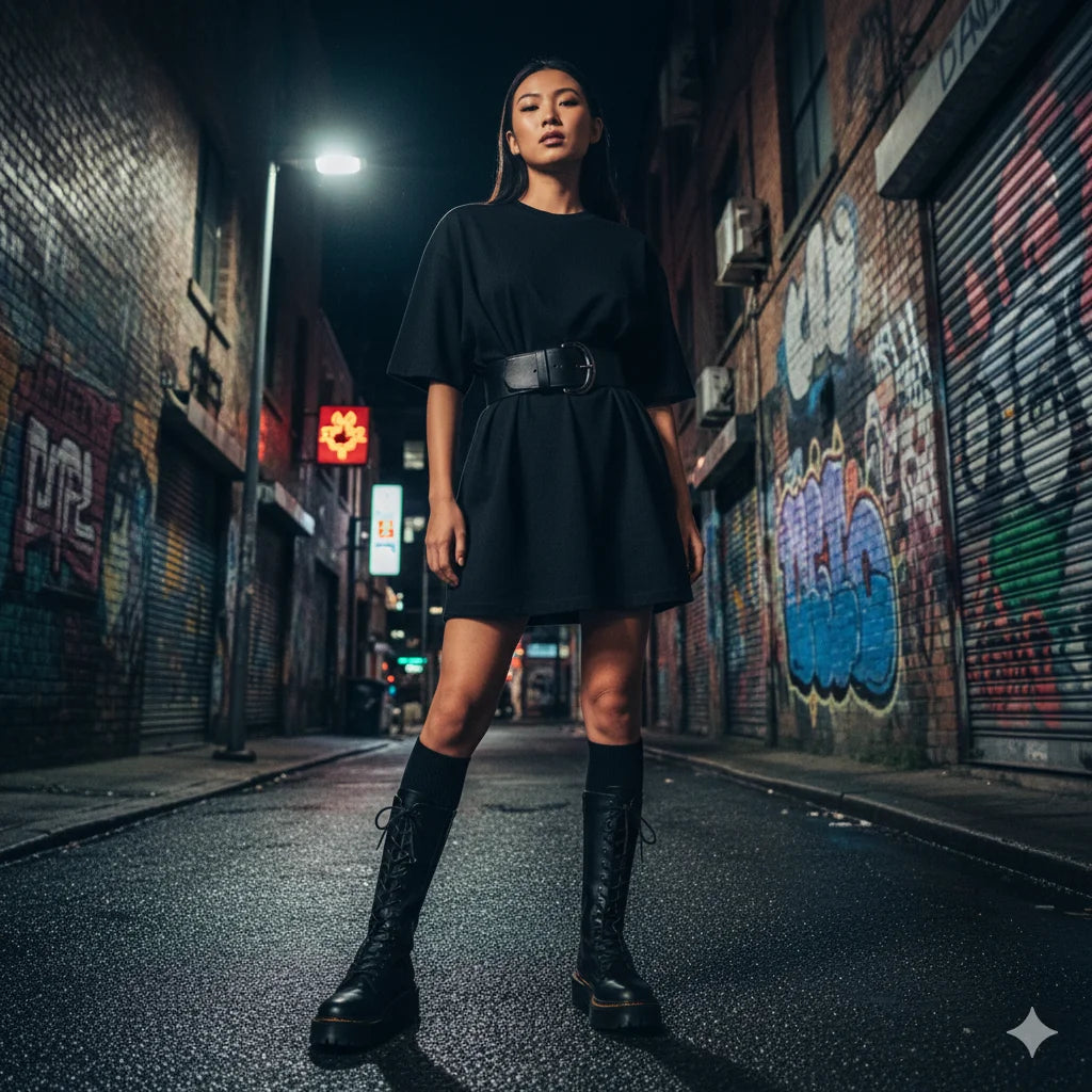 Black short-sleeved dress with cinched waist and wide belt in street wear style