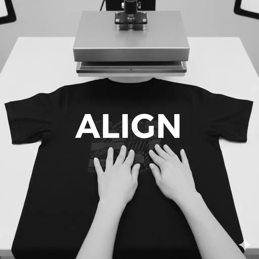 Black t-shirt with ’align’ text design, printed on front.