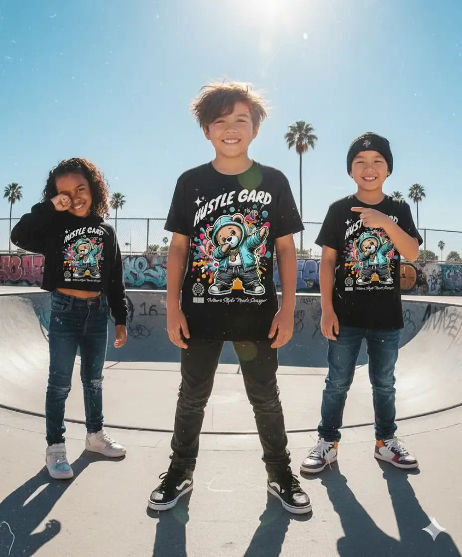 Black t-shirt with colorful graphic design featuring astronaut and space theme, hustle gard brand.