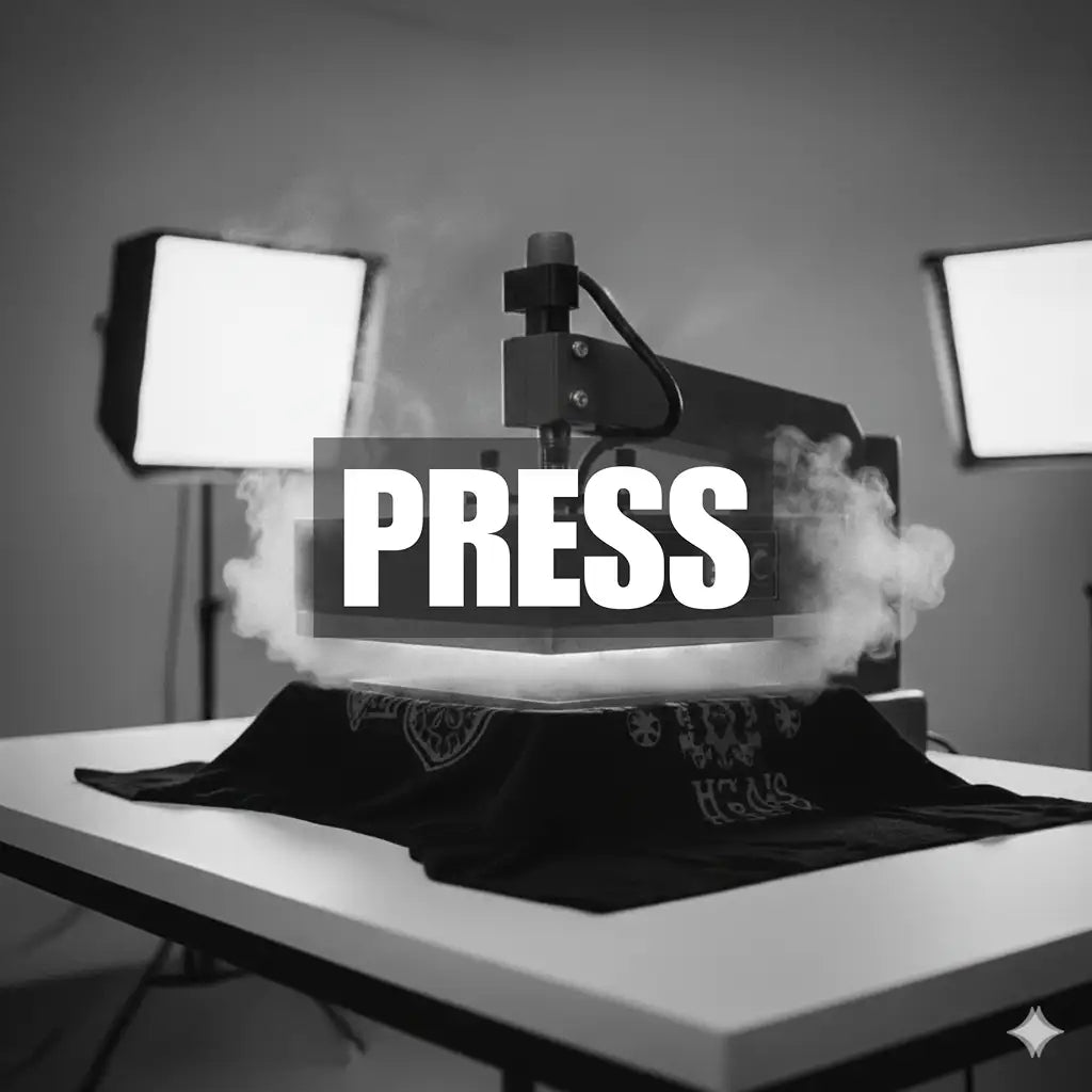 Black t-shirt press machine with steam vents and adjustable arms, likely made of metal.