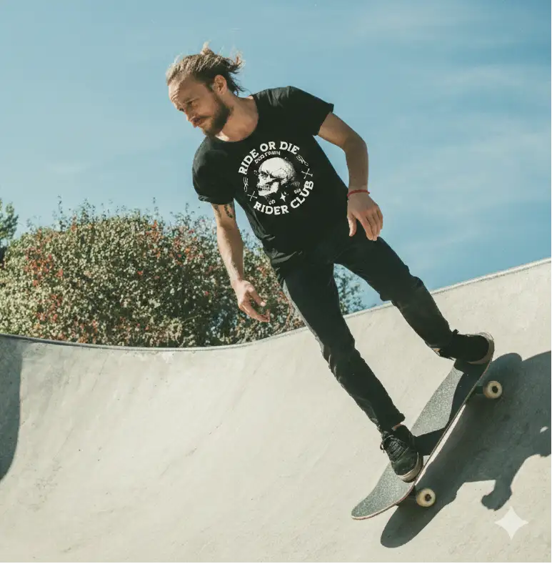 Man skateboarding on a ramp with trees and blue sky in the background