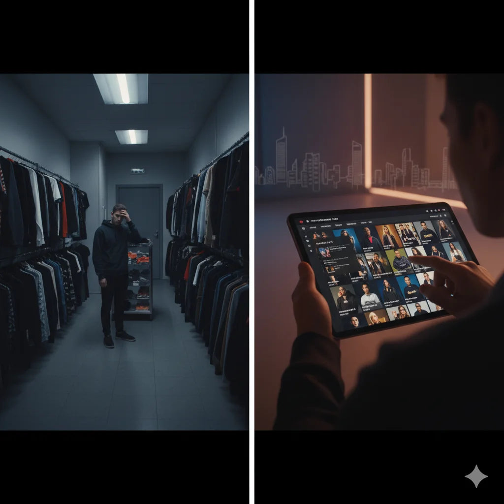 Black tablet showing online streetwear streaming interface with thumbnails.