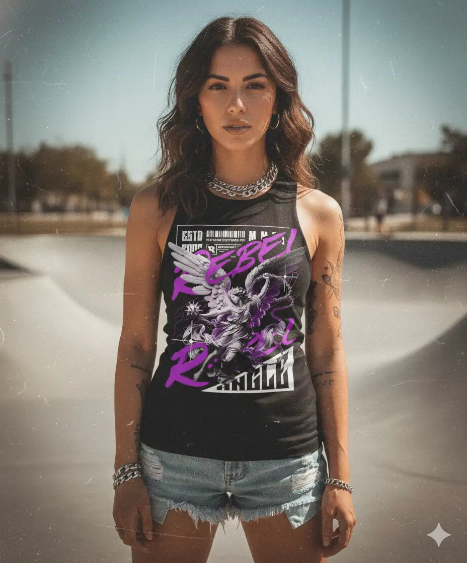Woman wearing a tank top with graphic design in an outdoor setting