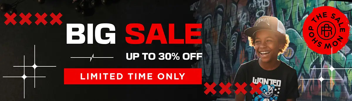 Black and white graphic tee with ’wanted’ text in red.