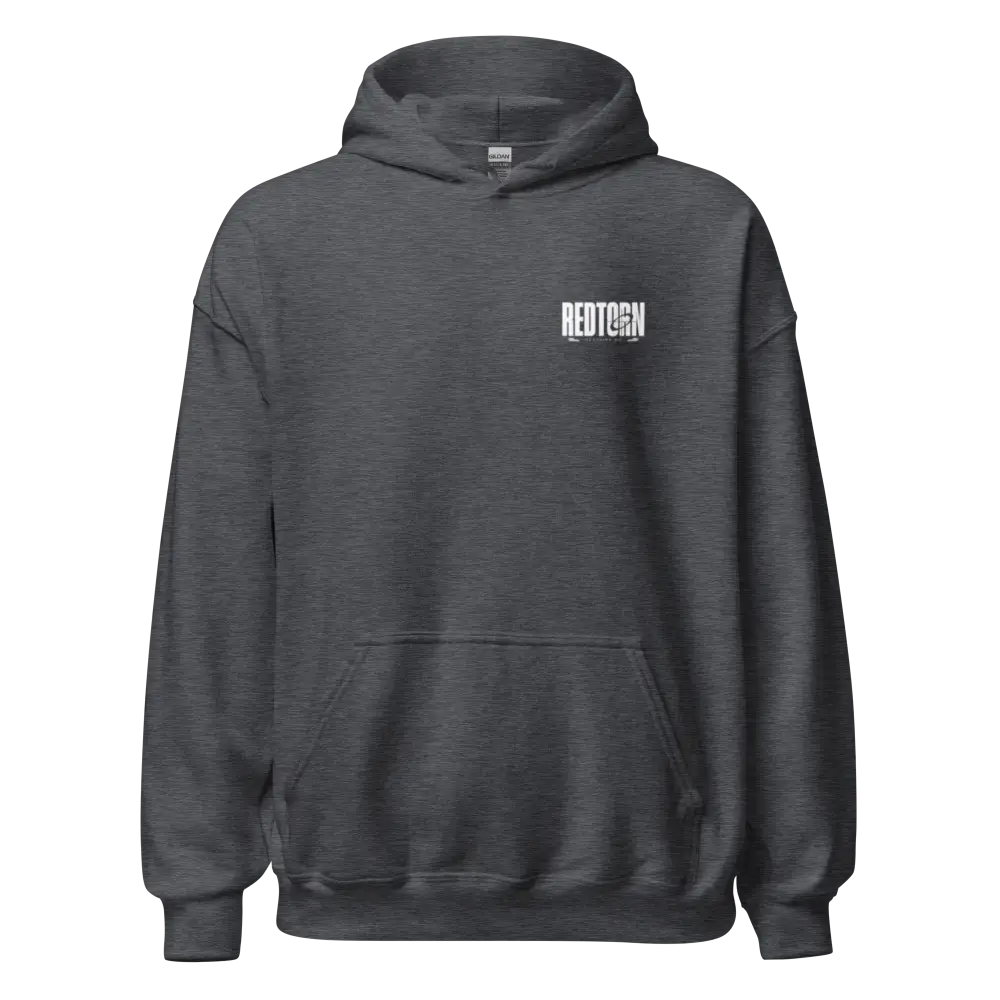 Military Angel premium unisex hoodie in charcoal gray with aggressive Retogn logo