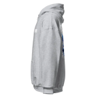 Military Angel premium unisex hoodie in light gray with blue tie-dye sleeve