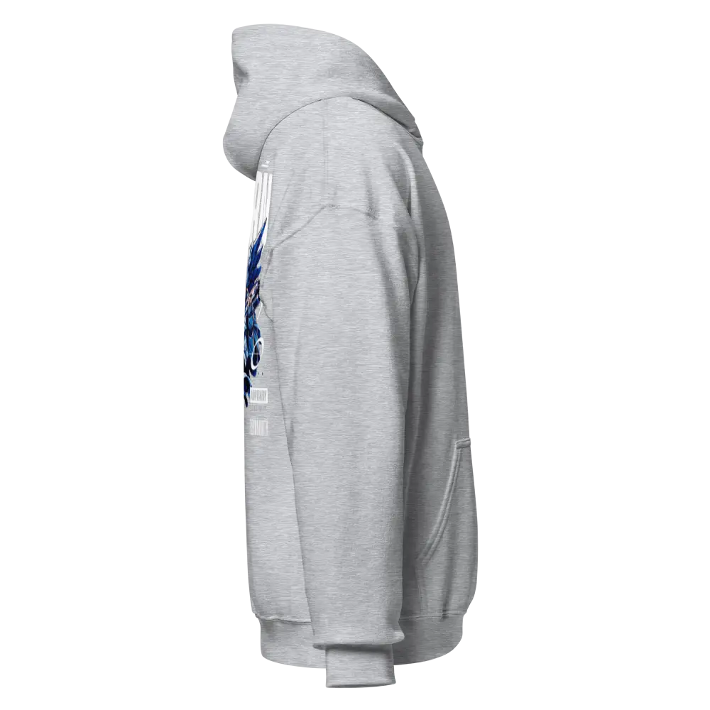 Adidas gray Military Angel premium unisex hoodie with aggressive blue dragon graphic