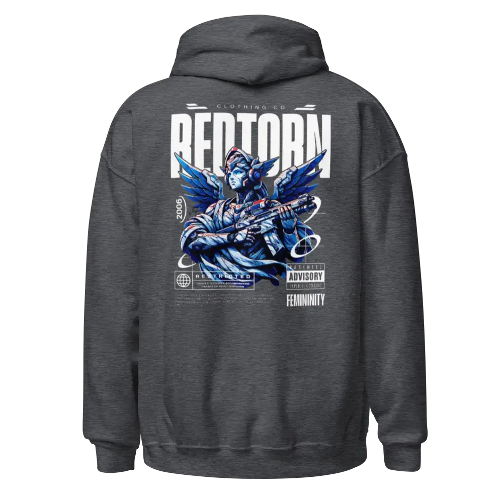 Military Angel premium unisex hoodie in charcoal gray with aggressive graphic