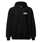 Military Angel premium unisex hoodie with aggressive redtorn logo on black fabric