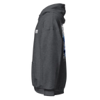 Military Angel premium unisex hoodie in charcoal gray with aggressive blue sleeve graphic