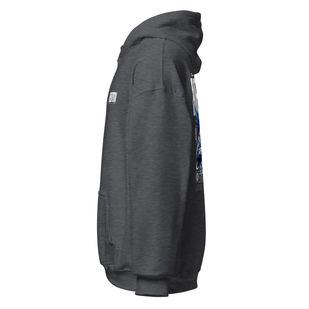 Military Angel premium unisex hoodie in charcoal gray with aggressive blue sleeve graphic