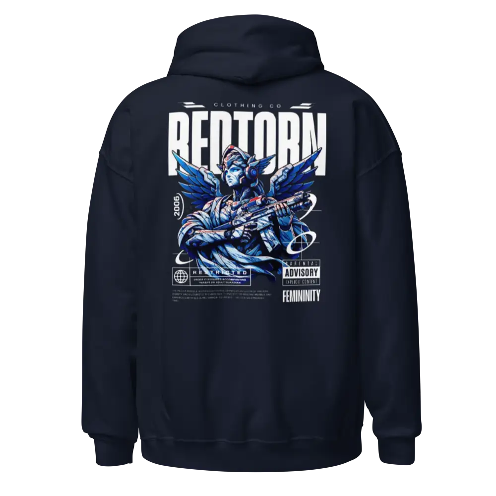 Military Angel premium unisex hoodie with aggressive graphic of angelic figure and redtorn text