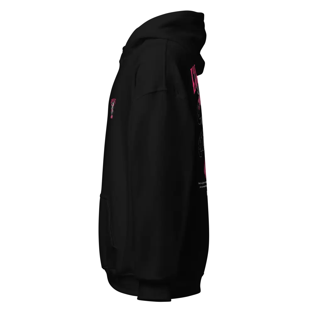 Exquisite Cupid graphic unisex hoodie in black with red logo and pocket