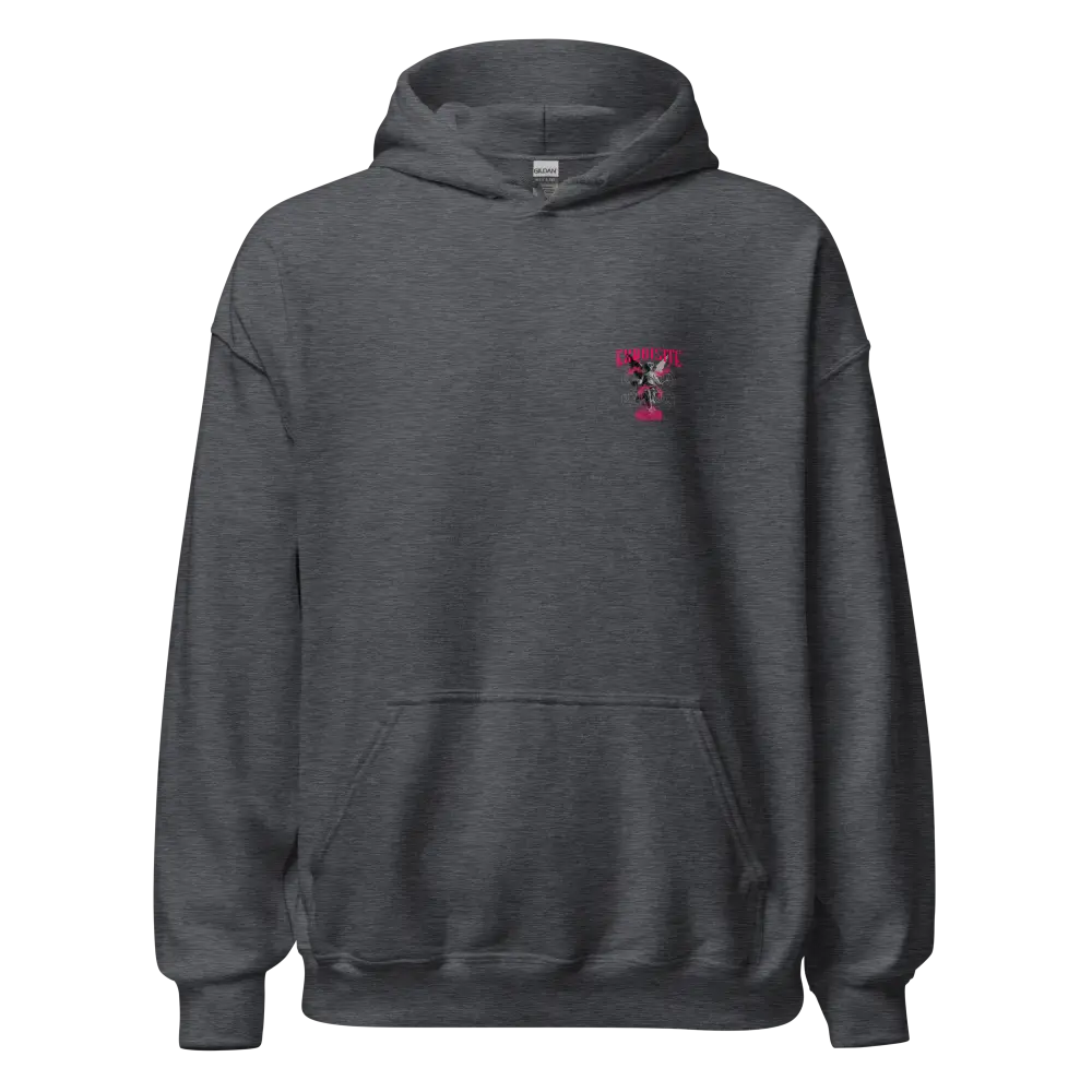 Exquisite Cupid graphic unisex hoodie in charcoal gray with red logo
