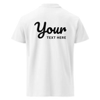 Classic charcoal polo shirt with white fabric and black sleek design text