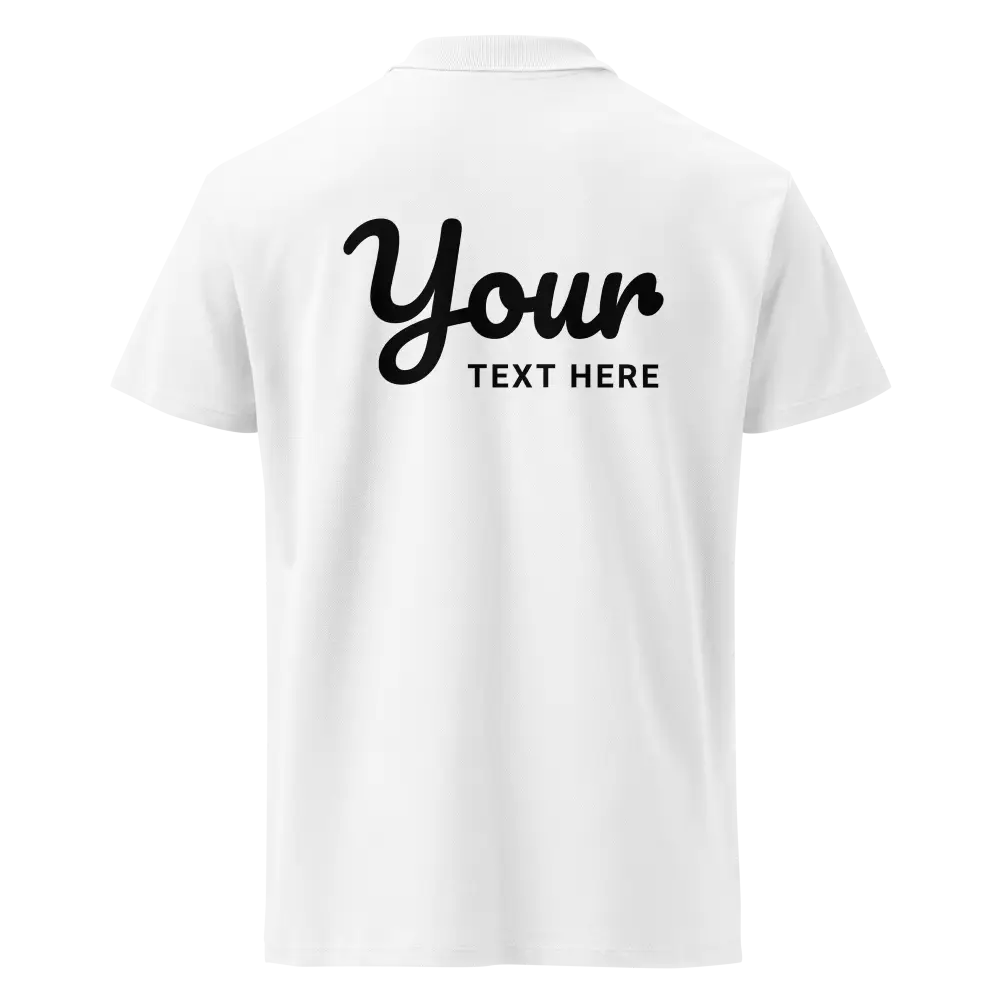 Classic charcoal polo shirt with white fabric and black sleek design text